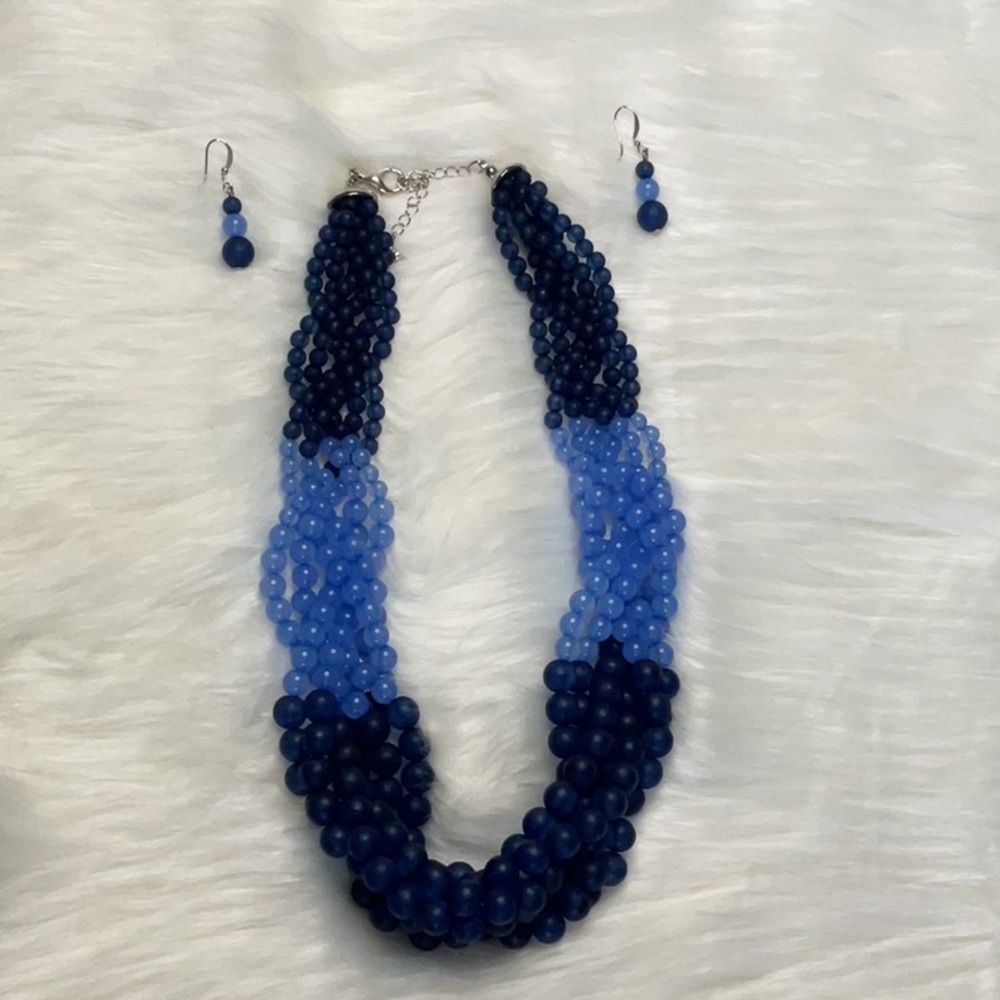 Elegant Blue Beaded Necklace and Earring Set